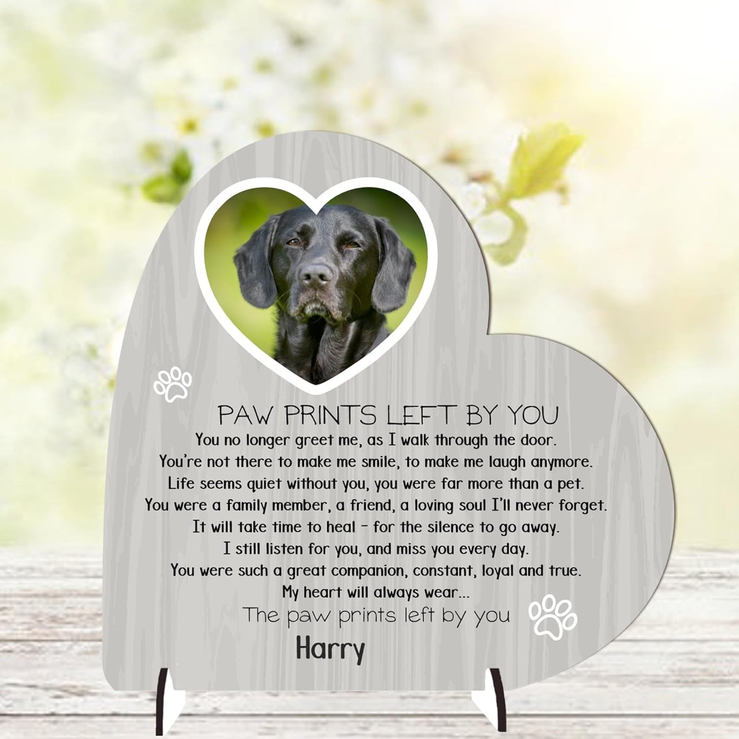 Personalised Pet Bereavement Plaque with Stands - Handcrafted Photo Memorial Decor from MDF Wood, Customisable Design, Mdf Wood Heart on Stands Uk-Made (Mdf Wood 13.5Cm X 13.5Cm, Grey Wood Effect)