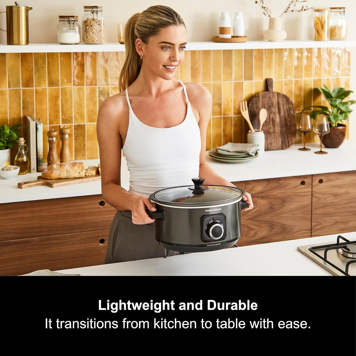 3.5L Sear & Stew Slow Cooker, Shatter Resistant Aluminium Pot, 3 Heat Settings, Hob Proof, Easy Clean, 163W, Black, 460012