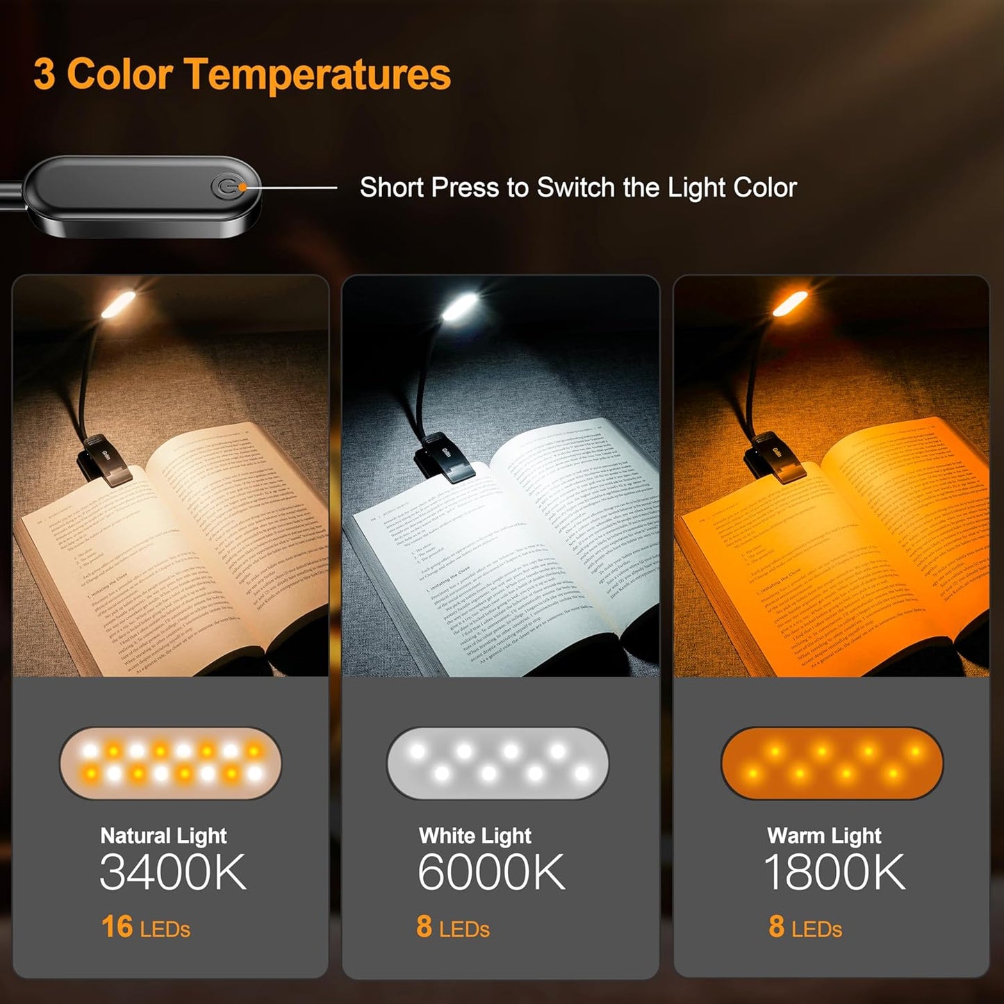 16 LED Reading Light, Book Light 3 Eye-Protecting Modes Book Lamp (White/Amber/Mixed) - Stepless Dimming, Rechargeable, Long Battery Life, 4-Level Power Indicator, Flexible Clip on Book Light