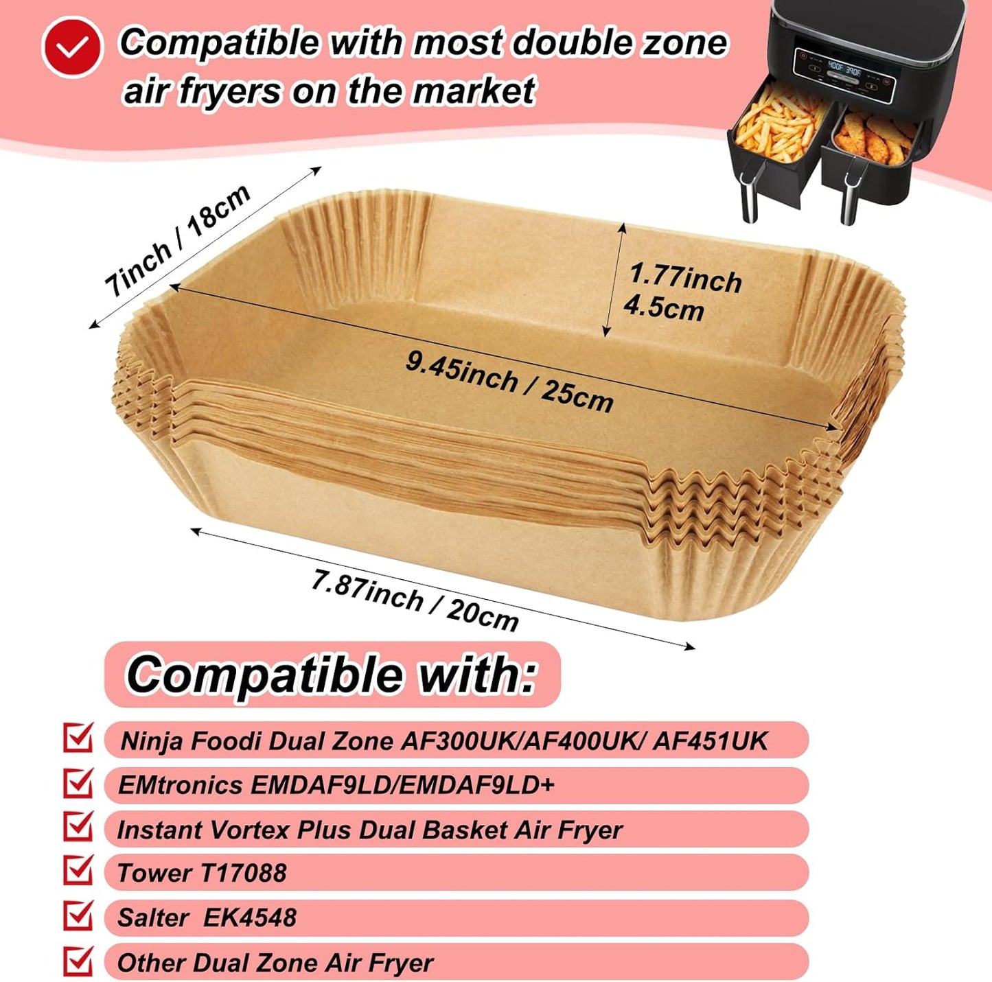 100Pcs Air Fryer Liners for Ninja Dual, Air Fryer AF300UK AF400UK Accessories, Disposable Airfryer Parchment Paper Liners, Compatible with Ninja, Salter, Tower and Other Dual Zone Fryers