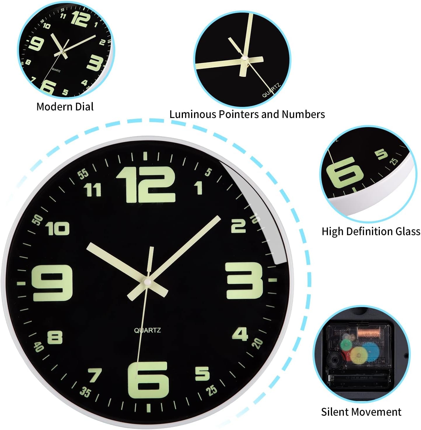 Wall Clock - 12 Inch Large Wall Clocks Glow in the Dark Clock Silent Night Lights Luminous Modern Small Vintage Black Retro White Outdoor Clock for Kitchen Bedrooms Bathroom Living Room Garden Kids