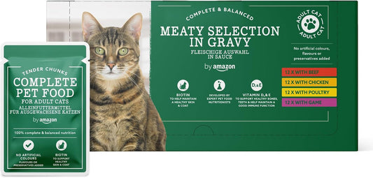 Complete Food for Adult Cats, Meat Selection in Gravy, 4.8 Kg (48 Packs of 100G)