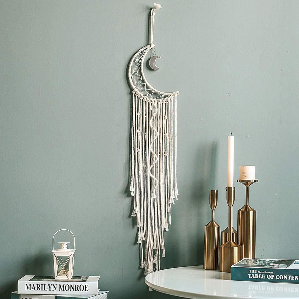 Macrame Wall Hanging with LED Light,Moon Dream Catcher Woven Tapestry Bohemian Home Decor Wedding Party Ornaments Craft Gifts Ramadan Decorations for Home