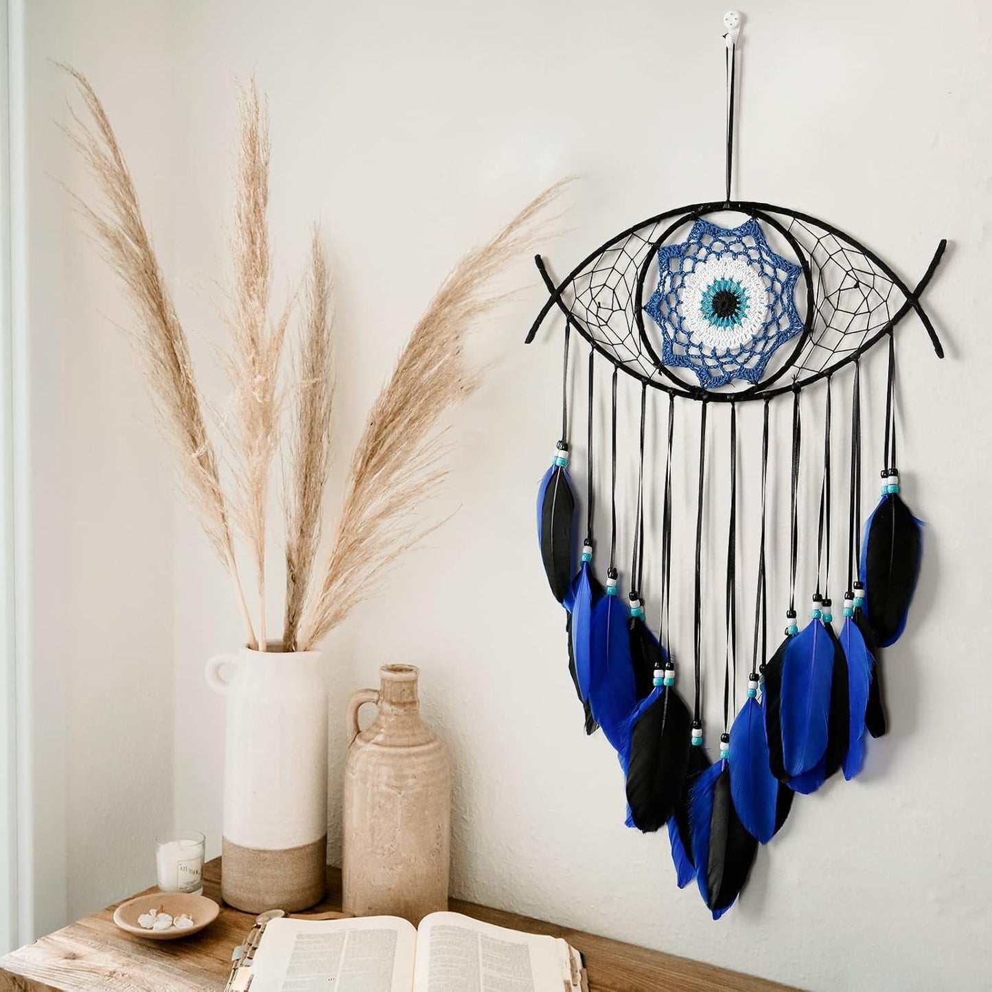 Evil Eye Dream Catcher Hand-Woven Blue Macrame Dreamcatcher Evil Eye Wall Hanging Home Decoration Ornament Kids Christmas Thanksgiving Blessing Gift