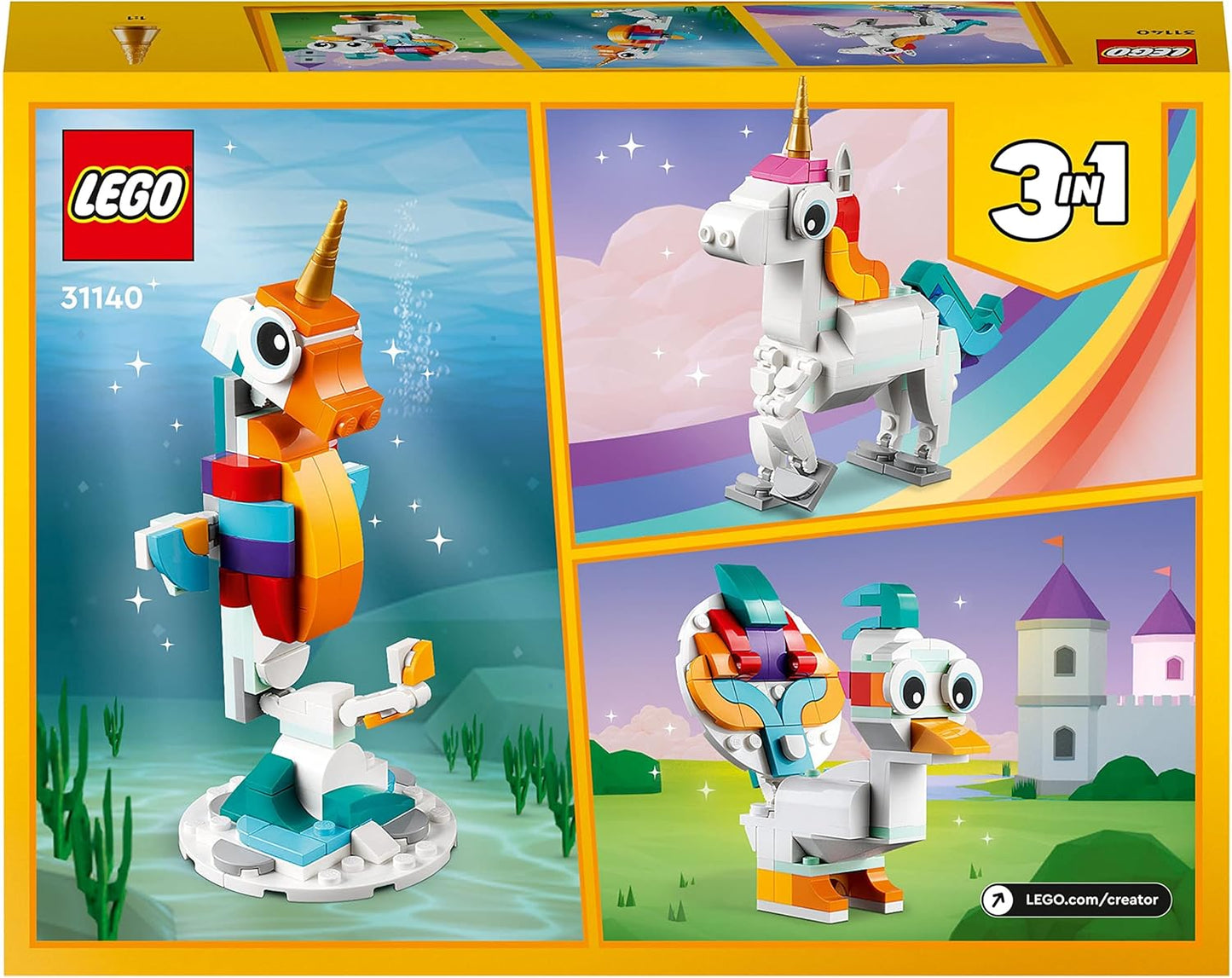 31140 Creator 3 in 1 Magical Unicorn Toy to Seahorse to Peacock, Rainbow Animal Figures, Unicorn Gift for Girls and Boys, Buildable Toys
