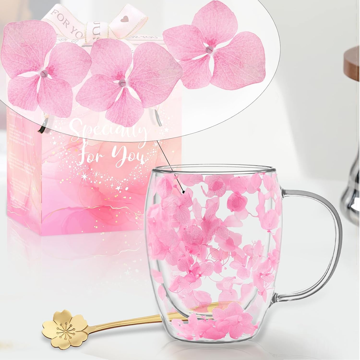 Gifts for Women Dried Flowers Double Wall Glass Coffee Mugs Cute Glass Tea Cups with Handles Autumn Mug Christmas Birthday Gifts for Best Friend Teacher Mum Gifts New Home Gift Ideas Home Decor