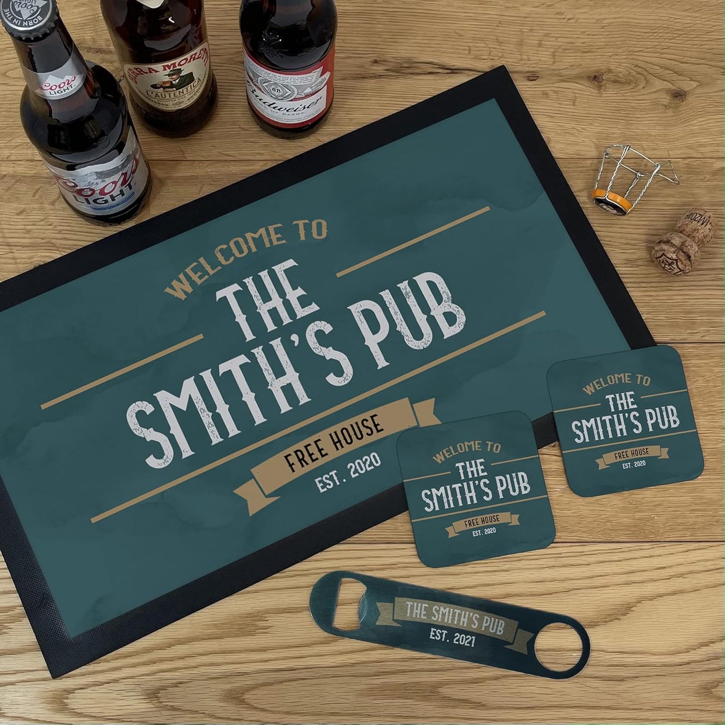Personalised Bar Accessories for Home Pub - Bar Gift Set Custom Made Optics for Your Dads Home Bar | Choose from Bar Runners, Bottle Openers, Beer Mat Gifts