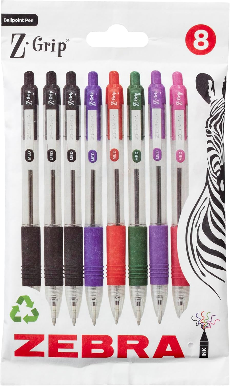 Z Grip Assorted Ballpoint Pens with Pocket Clip 8Pk Retractable Assorted Ink Ballpoint Pens, Reliable Assorted Biro Pens Multipack for Everyday Use Design, New Pack Size 8Pk