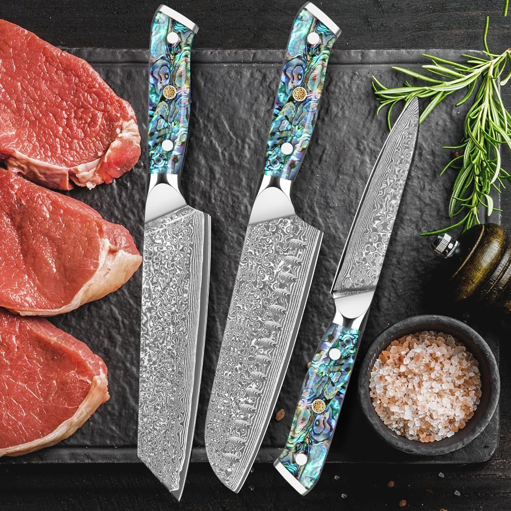 Damask Knive Set of 3, 12.4-19Cm Blade Made of 67 Layers of VG-10 Damascus Steel, Santoku Knife, Kiritsuke Knife, Universal Knife, Abalone Shell Handle, Gift Box