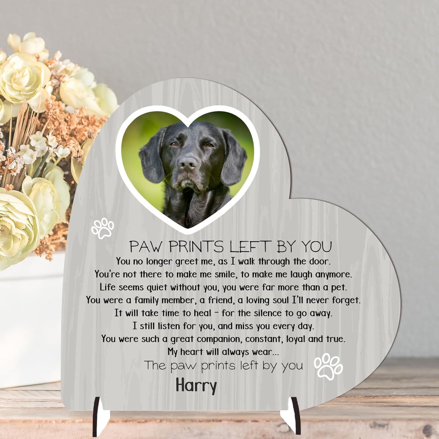 Personalised Pet Bereavement Plaque with Stands - Handcrafted Photo Memorial Decor from MDF Wood, Customisable Design, Mdf Wood Heart on Stands Uk-Made (Mdf Wood 13.5Cm X 13.5Cm, Grey Wood Effect)