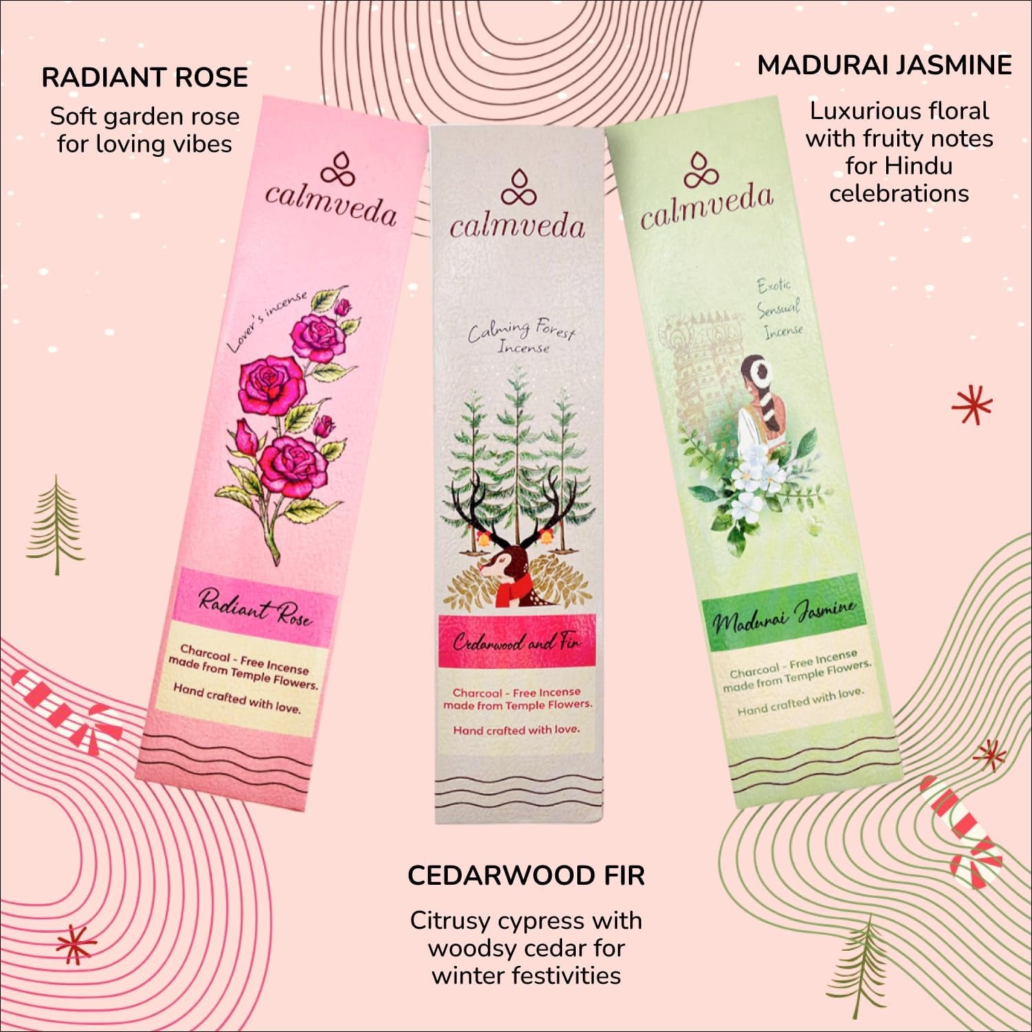 Happy Home Incense Sticks Multipack- (5 Variants) Charcoal Free, Made from Upcycled Flowers | Insense Cozy Warm Sticks like Vanilla Cake, Balsam Cedar, Rose & Cinnamon | Perfect Incense Gift Set