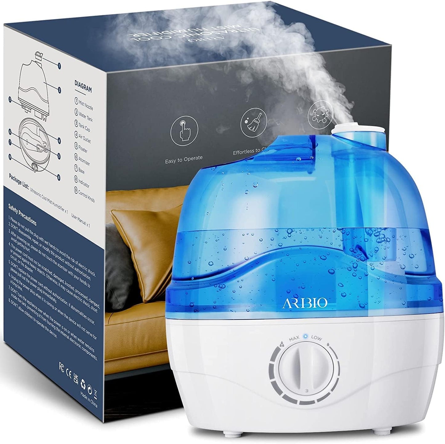 Humidifiers, 2.2L Humidifier for Bedroom Baby Room with 28Db Quiet, Air Cool Mist Humidifiers for Home with 360° Rotation Nozzle, Bpa-Free, Wide Mouth, Easy to Clean Humidifier for Home, Office, Baby
