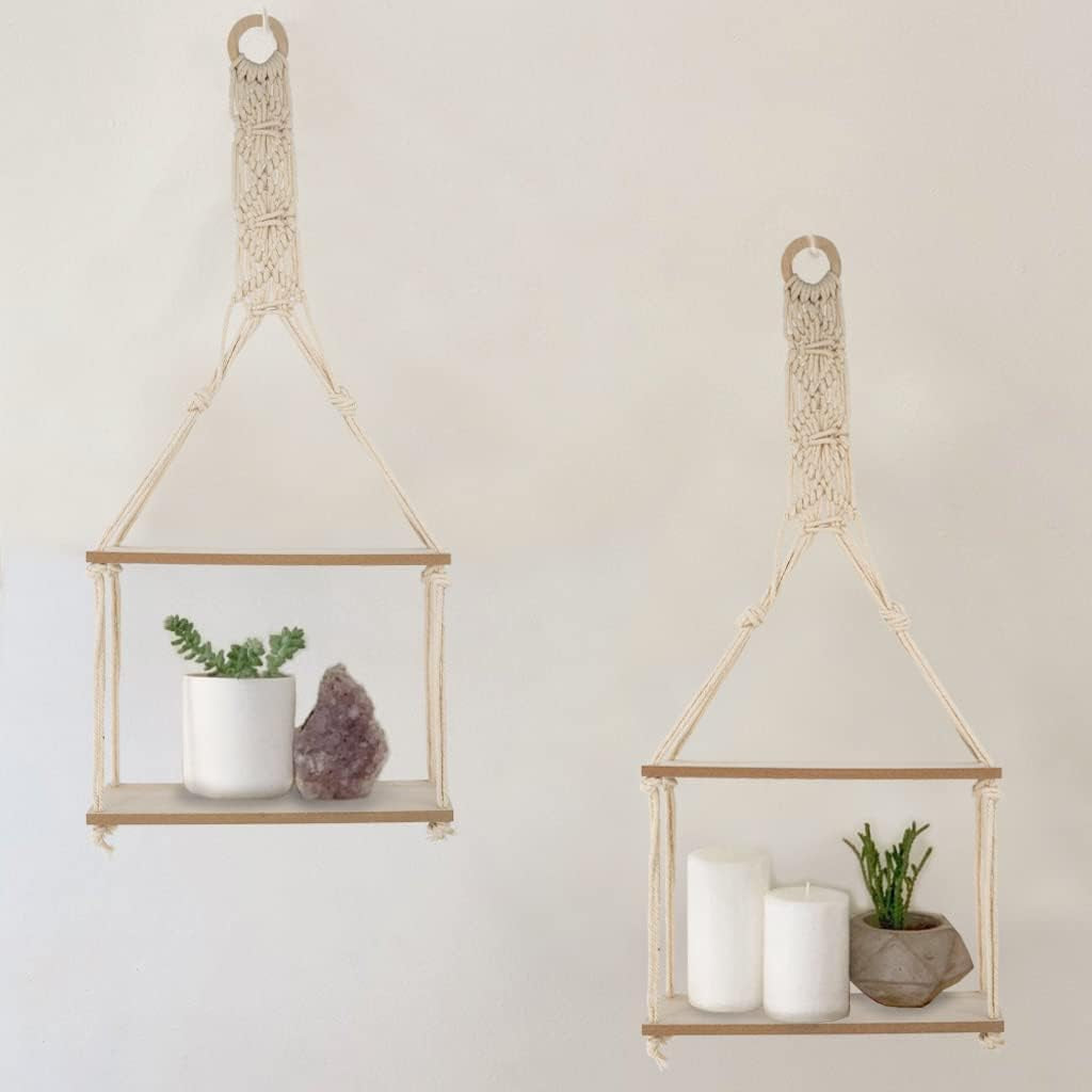 2 Tier Hanging Floating Macrame Rope Shelf Wooden Storage Kitchen Wall Boho Decor Gift (HANGING SHELF 30X10X72 Cm)