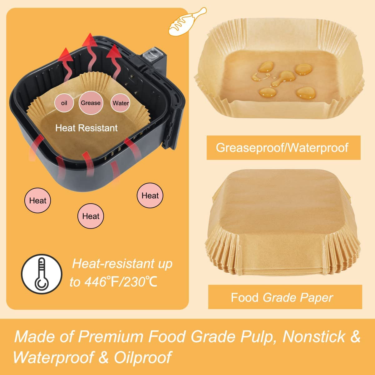 Air Fryer Parchment Paper Liner, 50PCS Square Liners Disposable, Greaseproof for Fryer, Compatible with COSORI, Ninja, Tower Cosori (Unbleached)