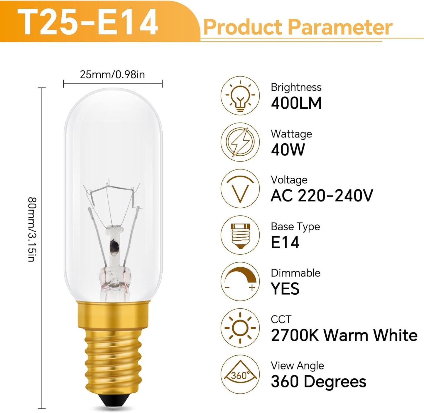 2 Pack Cooker Hood Bulbs, Dimmable E14 Small Edison Screw Bulb, Warm White 2700K, 350Lm, T25 Tubular Bulb for Extractor Fan, Sewing Machine, Refrigerator