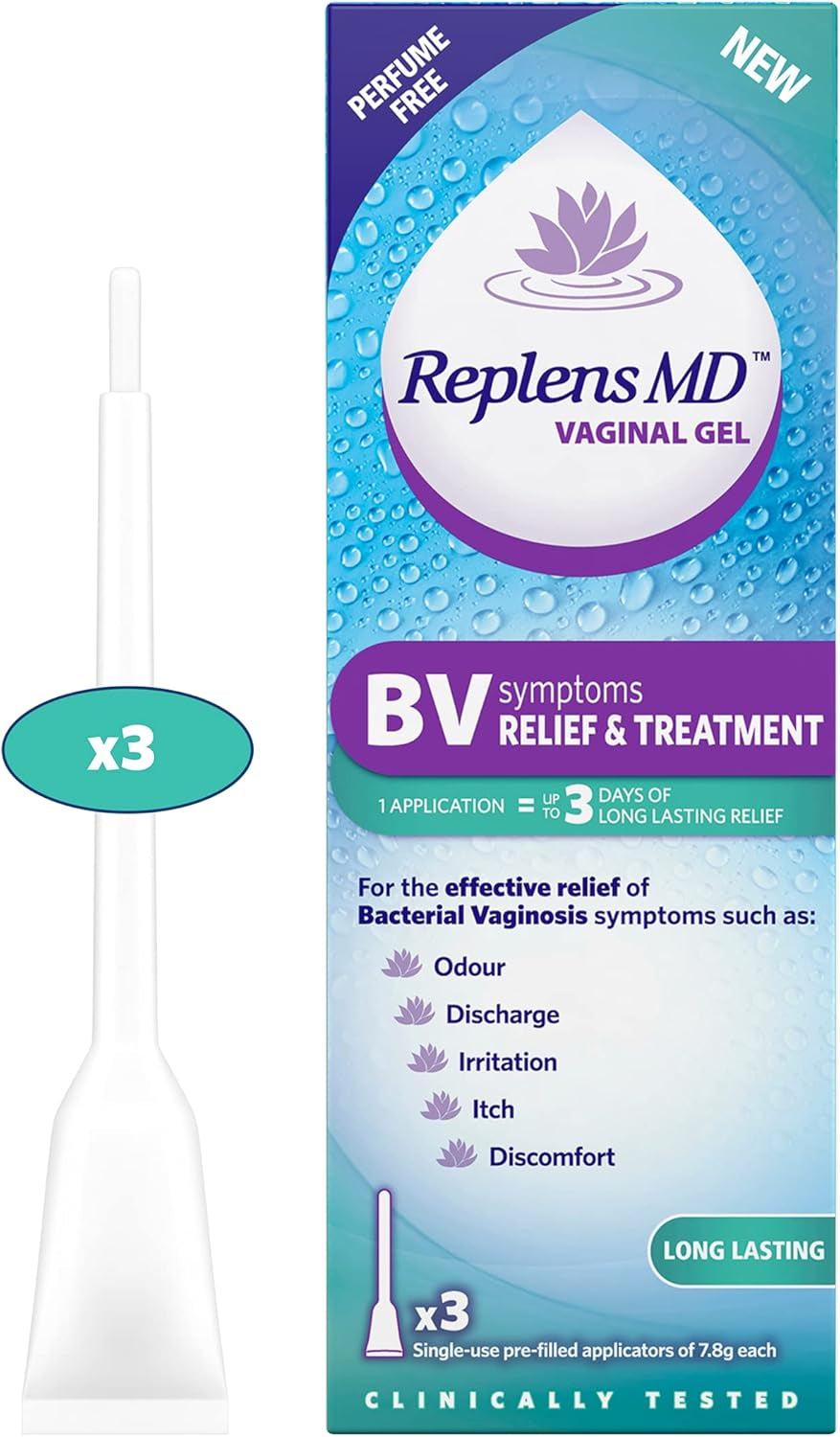 BV Symptoms Relief & Treatment Vaginal Gel - X3 Single Use Applicators, White, 3 Count (Pack of 1)