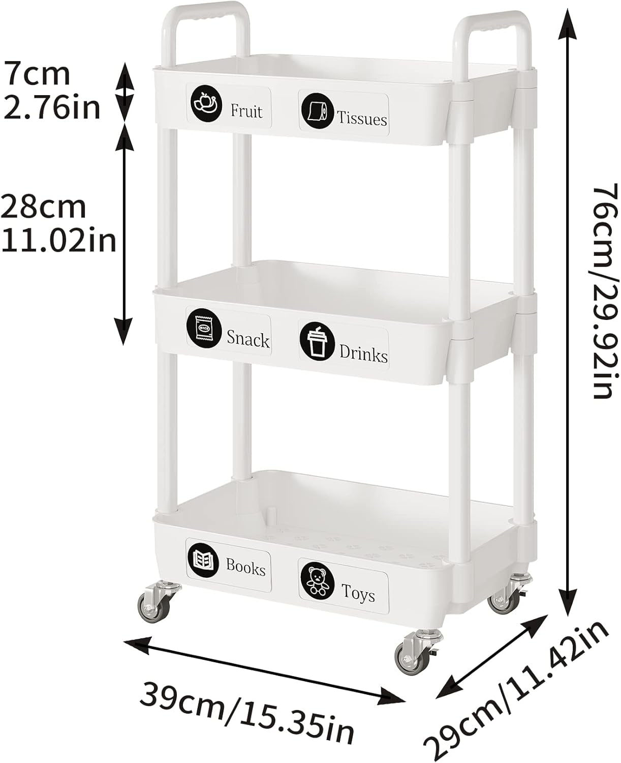 3-Tier Rolling Storage Cart with Lockable Casters, Beauty Trolly,Bathroom Trolley, Multifunctional Storage Trolley,White