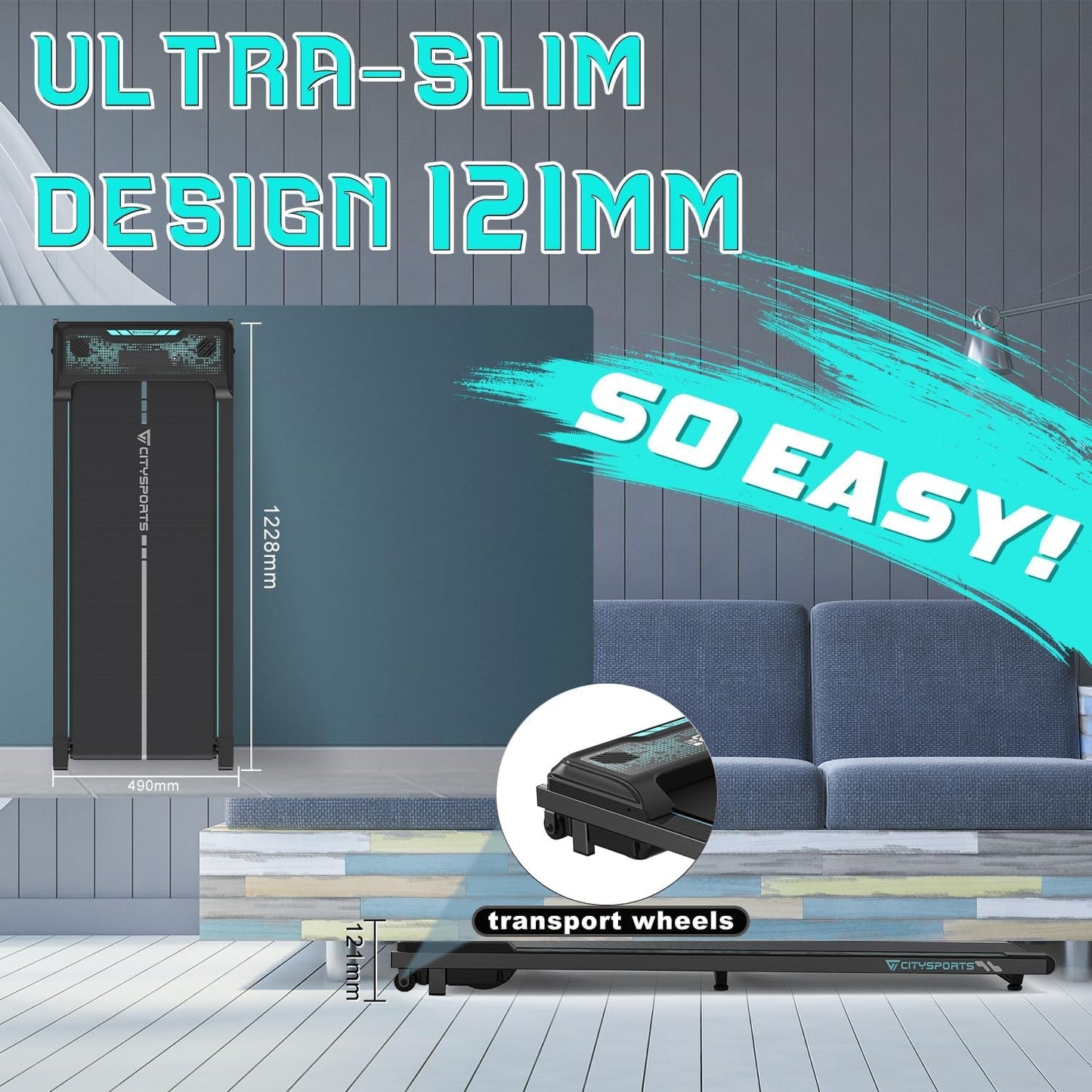 Treadmills for Home,Under Desk Treadmill Ultra Slim Walking Pad with Remote,Led Display and Bluetooth Speaker,Compact Motorised Treadmill,No Assembly