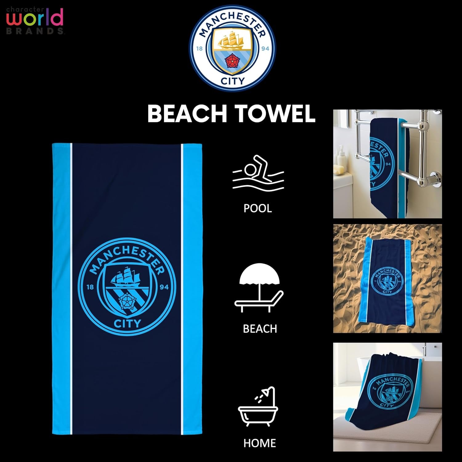Manchester City FC  Official Towel | Super Soft Feel, Badge Football Club Design | Perfect the Home, Bath, Beach & Swimming Pool | One Size 75Cm X 150Cm | 100% Cotton