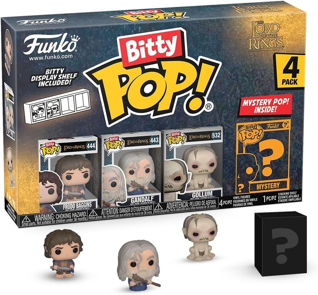 Bitty Pop! Lord of the Rings - Frodo 4PK and a Surprise Mystery Mini Figure - 0.9 Inch (2.2 Cm) - Lord of the Rings Collectable - Stackable Display Shelf Included - Gift Idea