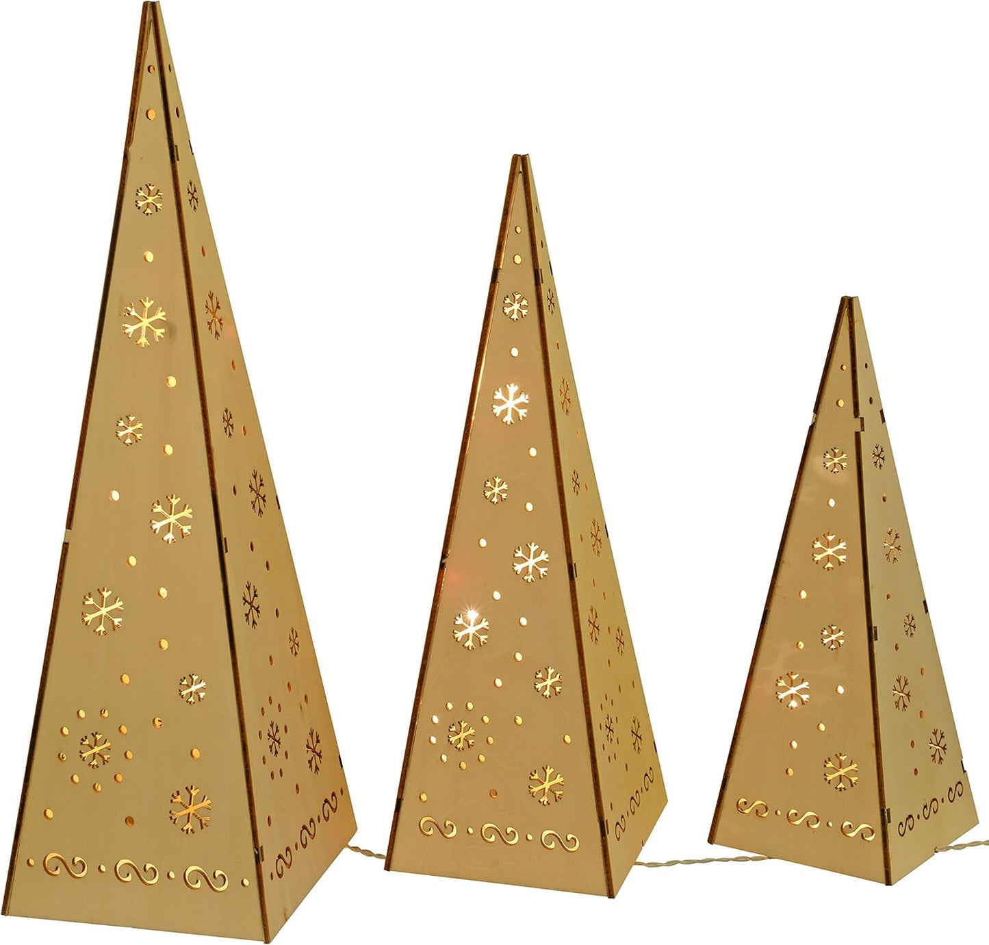 Wooden Pyramid Christmas Trees with Warm White LED Lights Decoration - Multi-Colour, Set of 3