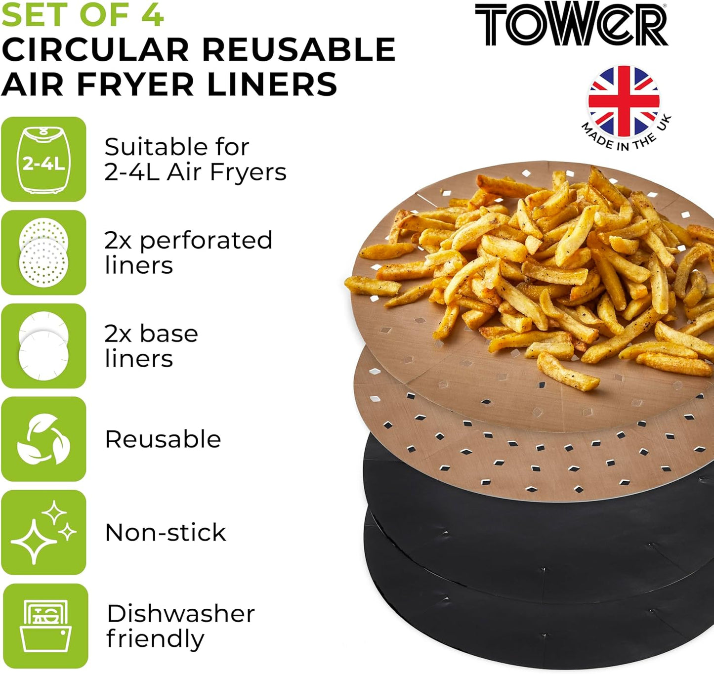 TLINER1 4 Pack of round Air Fryer Liners, Suitable for Air Fryers between 2 Litre and 4 Litre, Non-Stick, Reusable, Gold & Black