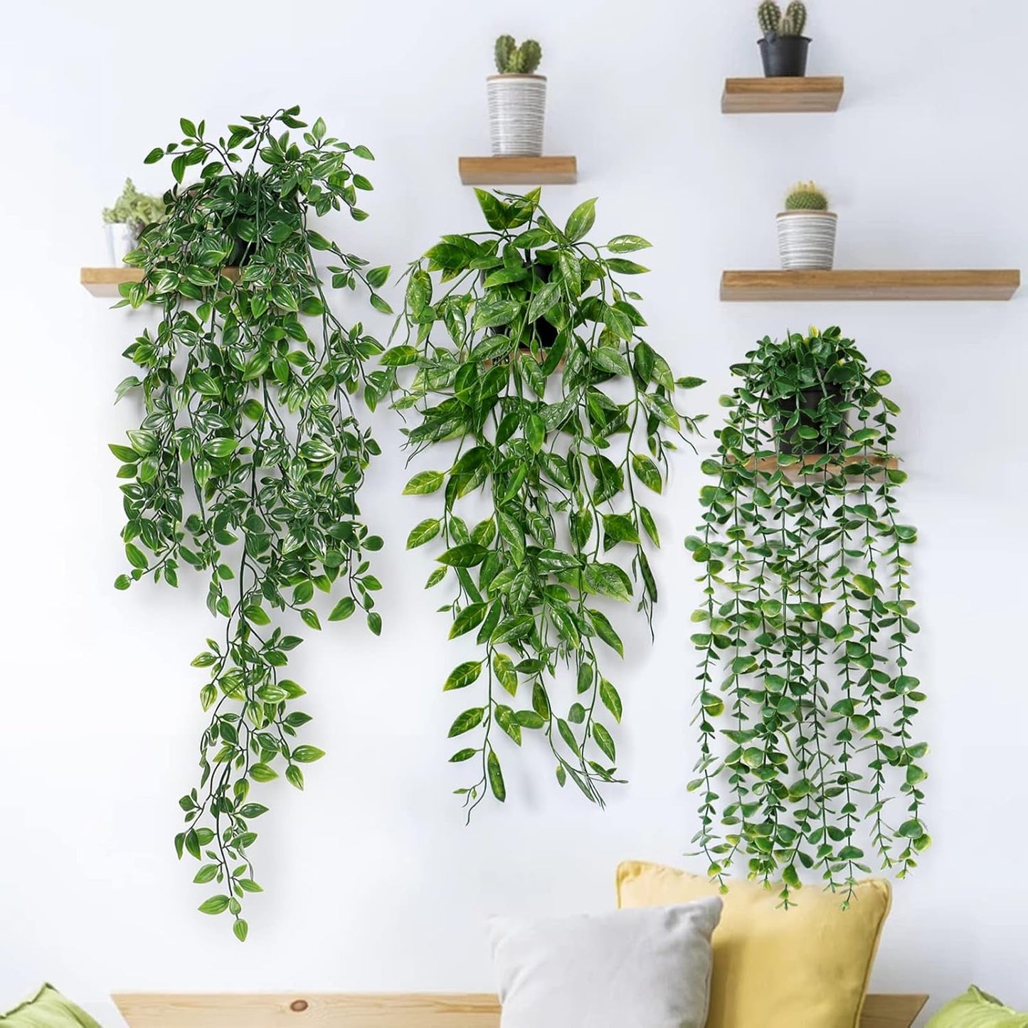 Artificial Plant Eucalyptus - Set of 3 Decorative Artificial Hanging Plants with Pots Fake Ivy Vines Greenery Faux Trailing Plants for Home Garden Office Shelf Wall Decoration