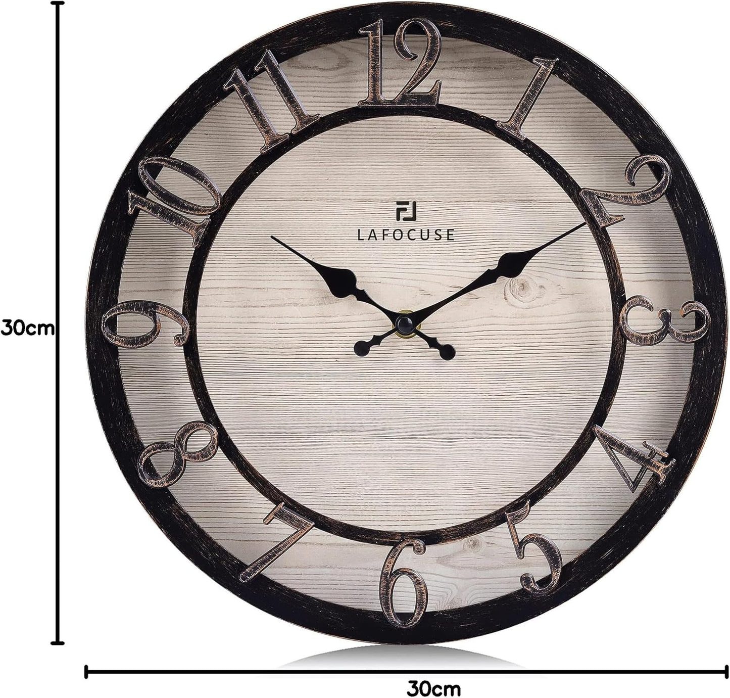 Silent Black Rustic Farmhouse Wall Clock with Raised 3D Arabic Numerals for Home Decor 12 Inch, Battery Operated Shabby Chic Kitchen Wall Clocks Decorative for Living Room Bedroom Office