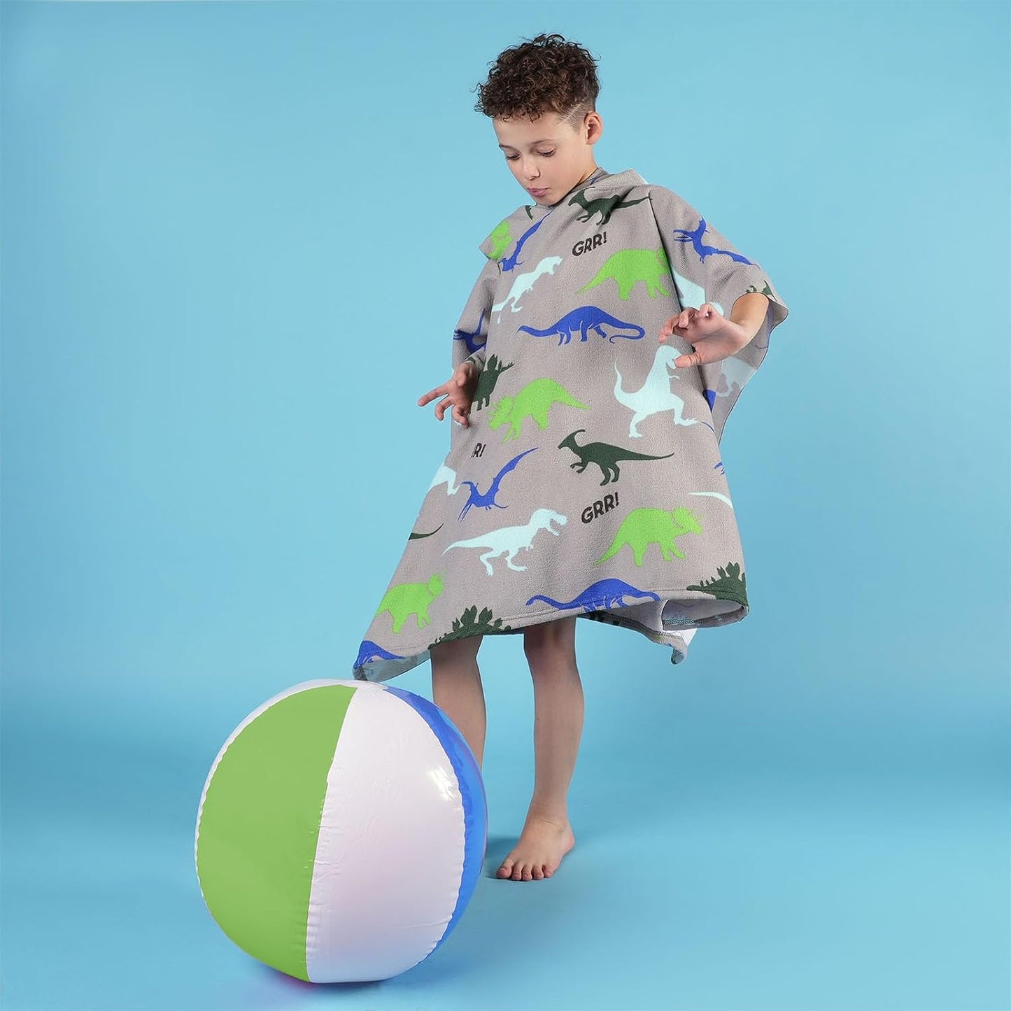 Kids Poncho Towel, Swimming Pool Hooded Changing Robe, Surfing, Beach, Baths, Quick Dry Soft Microfibre, Dino Print, 140X100Cm