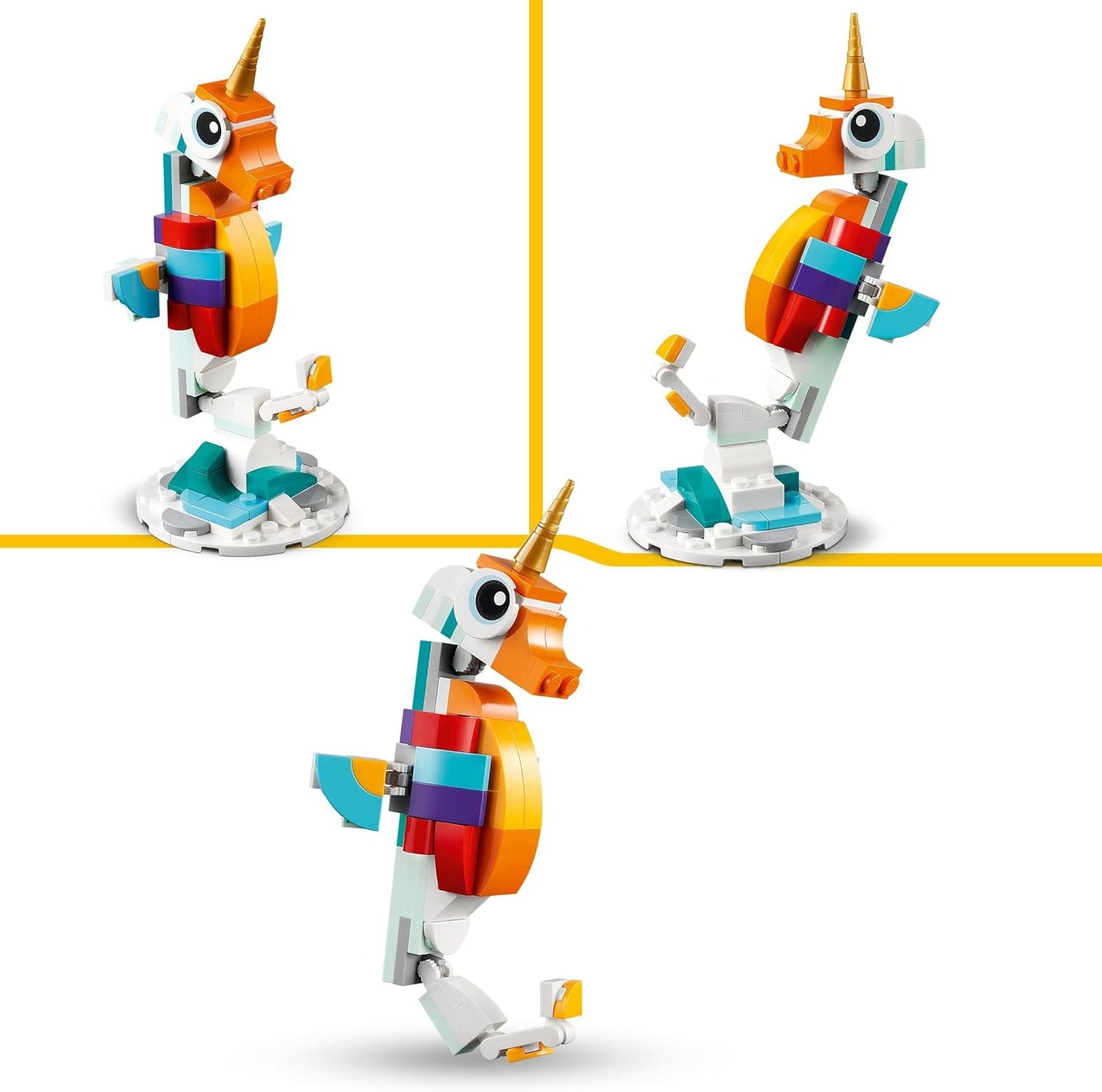 31140 Creator 3 in 1 Magical Unicorn Toy to Seahorse to Peacock, Rainbow Animal Figures, Unicorn Gift for Girls and Boys, Buildable Toys