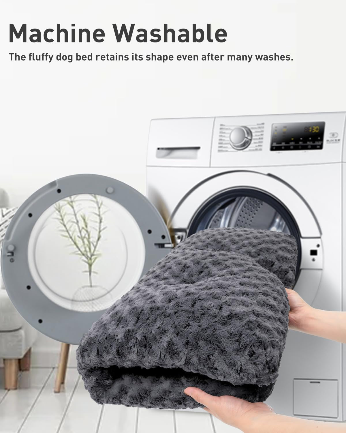 Large Dog Bed Washable, Calming Dog Bed, Dog Crate Mattress with Non Skid Bottom, Fluffy anti Anxiety Dog Beds, Pet Beds Pillow Cushion for Dog, Dark Grey, 90X60X8Cm