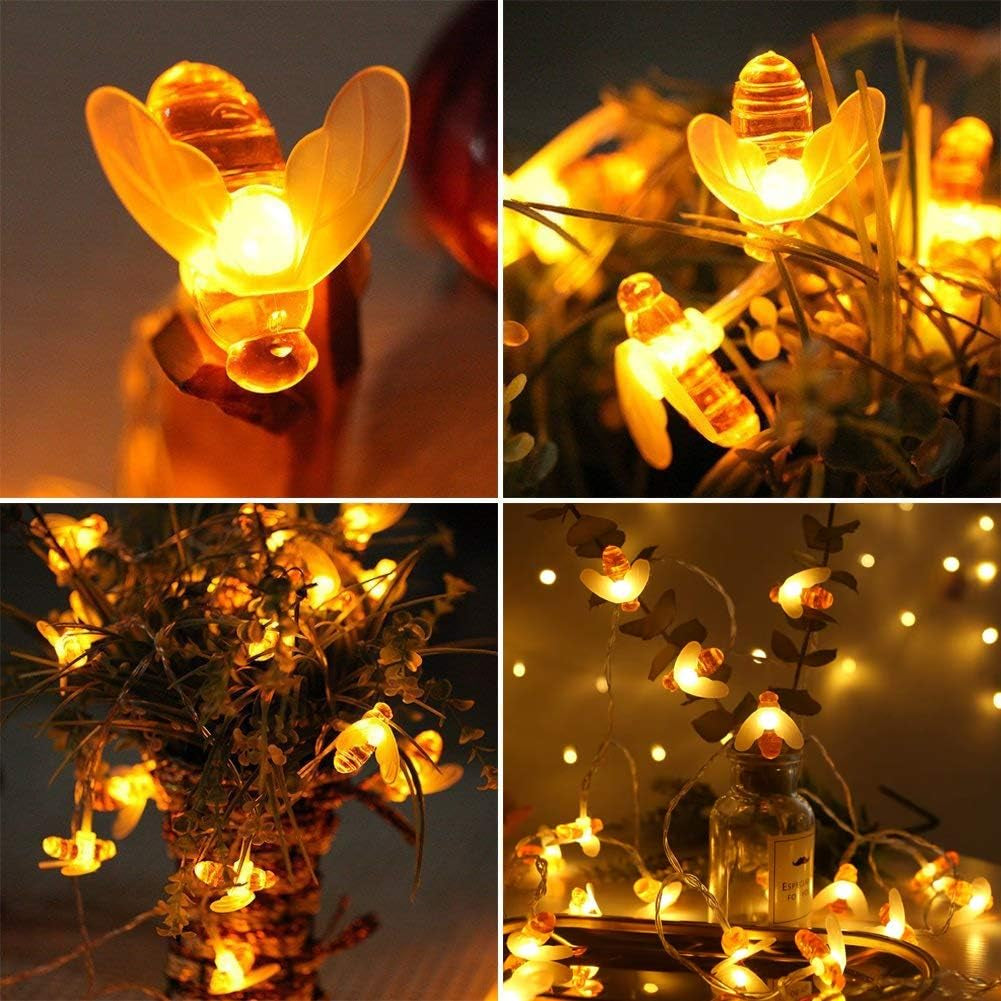 Solar Garden Lights, Honey Bee Fairy String Lights, 7M/24Ft 8 Mode Waterproof Outdoor/Indoor Garden Lighting for Flower Fence, Lawn, Patio, Festoon, Summer Party, Christmas, Holiday(Warm White)