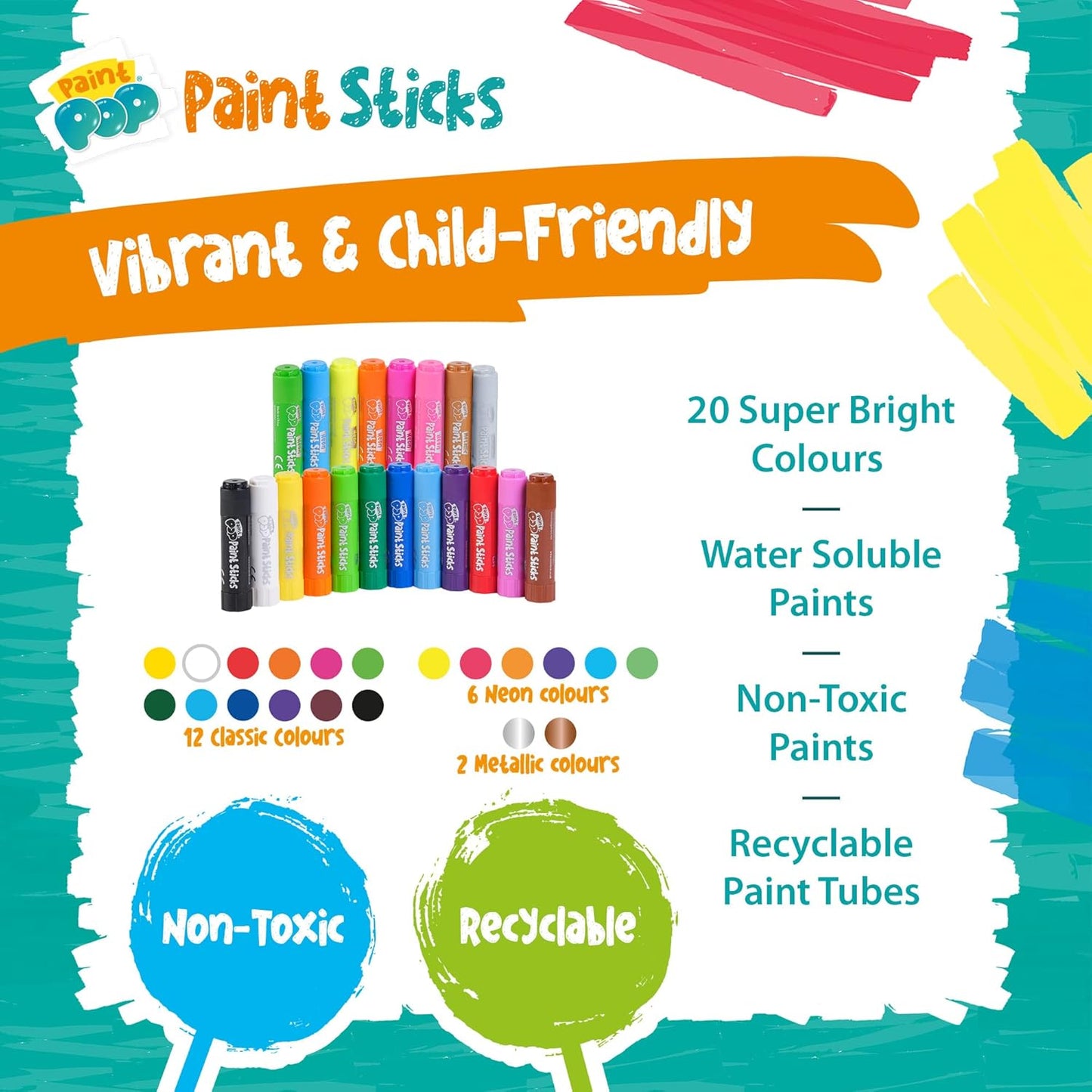Paint Sticks for Kids - 20 Pack Assorted Colours & Fun Storage Tub - Twist & Paint, Mess-Free, Fast Drying Action, Easy Clean Up, Vibrant Colours, Multi-Surface