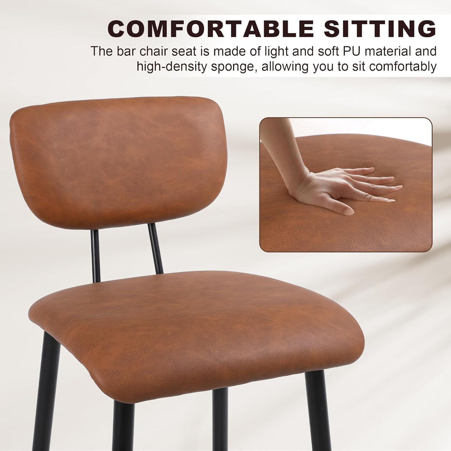 Bar Stools Set of 2, Tall Kitchen Stools with Backrest, Modern Faux Leather Barstools for Breakfast Bars, Counters, Restaurant and Home, Brown
