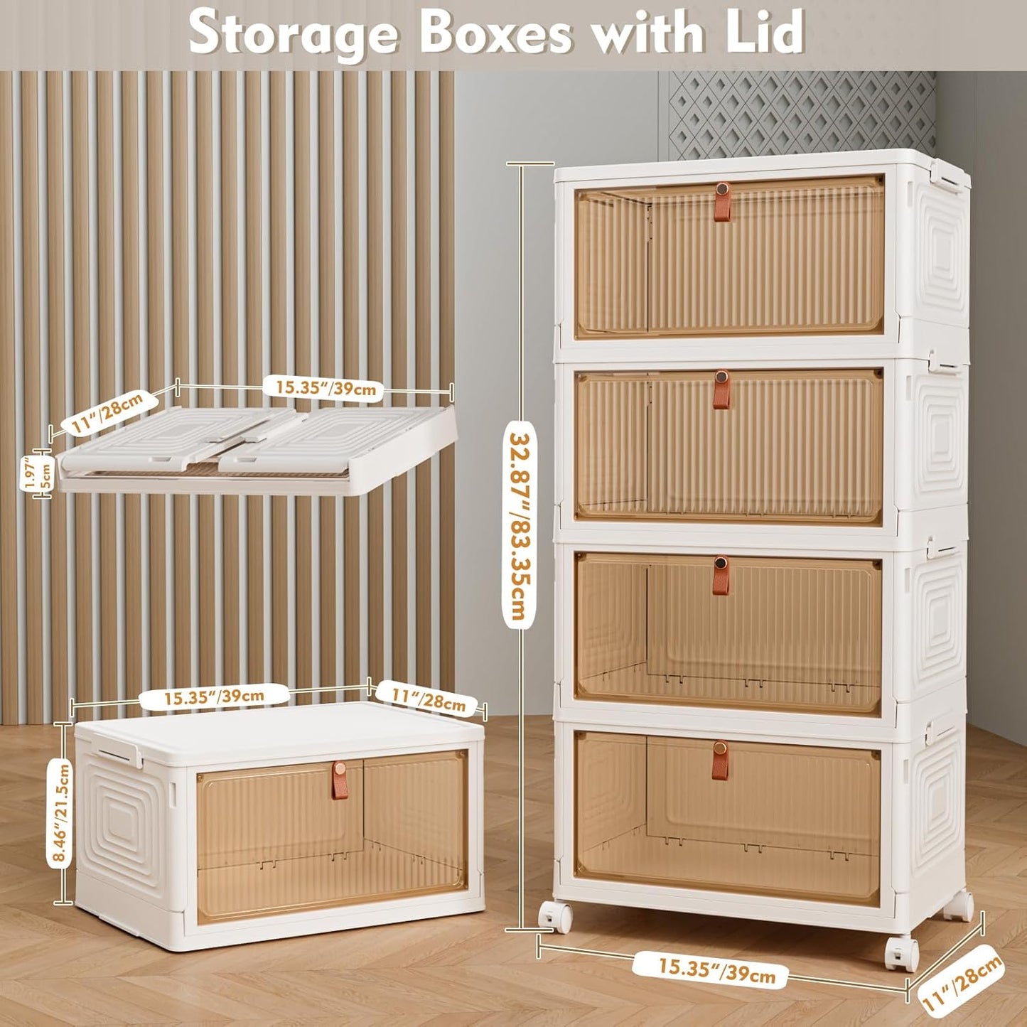 Storage Boxes with Lids, Bathroom Storage, Plastic Storage Boxes with 1 Lid, 4-Tier Stackable Storage Boxes with Wheels, Clothes Storage, Organizer for Bedroom Living Room Study Office