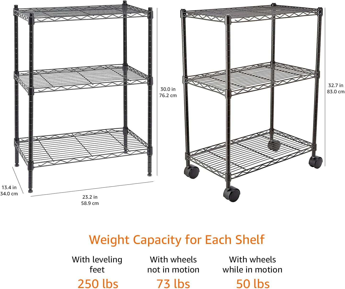 3-Shelf Narrow Storage Unit on Wheels with Height Adjustable Shelves and Levelling Feet, 340 Kg Max Weight, Black, 34 Cm D X 58.9 Cm W X 83.2 Cm H
