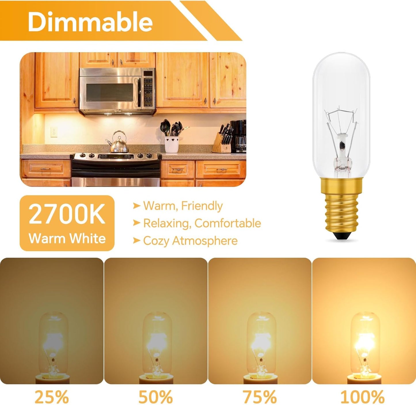2 Pack Cooker Hood Bulbs, Dimmable E14 Small Edison Screw Bulb, Warm White 2700K, 350Lm, T25 Tubular Bulb for Extractor Fan, Sewing Machine, Refrigerator