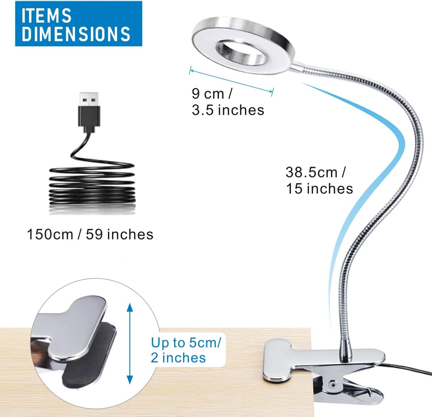 USB LED Desk Lamp Clip on Reading Light, 3 Light Mode 10 Dimmable Brightness Eye Caring Book Light, Bedside Lamp with Flexible Neck, Adjustable Perfect for Studying、Working (Silver)