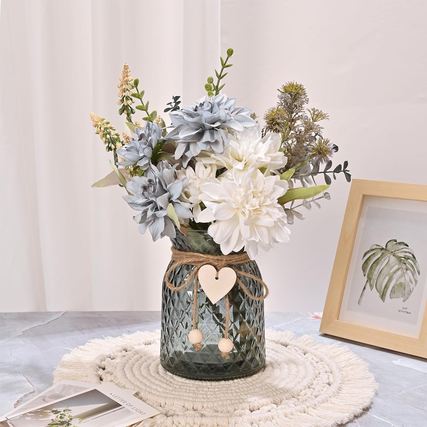 Fake Flowers with Vase, Blue Silk Roses Flowers Arrangement Artificial Flowers in Vase, Autumn Spring Decor,Home Office Living Room Decorations, Dining Table Centerpiece