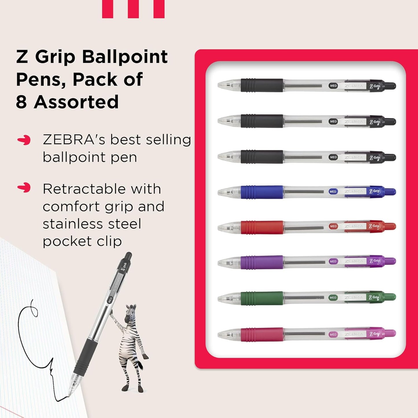 Z Grip Assorted Ballpoint Pens with Pocket Clip 8Pk Retractable Assorted Ink Ballpoint Pens, Reliable Assorted Biro Pens Multipack for Everyday Use Design, New Pack Size 8Pk