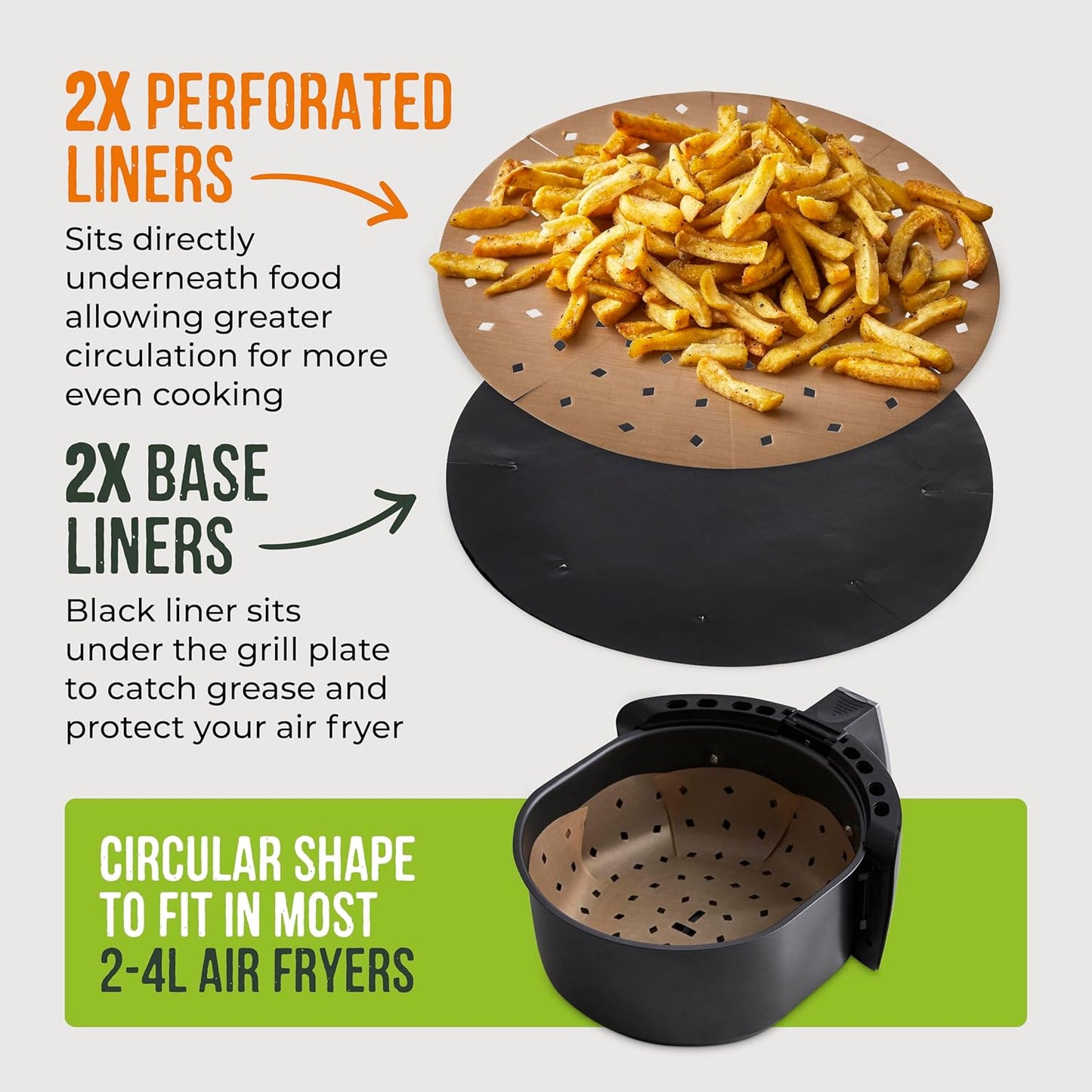 TLINER1 4 Pack of round Air Fryer Liners, Suitable for Air Fryers between 2 Litre and 4 Litre, Non-Stick, Reusable, Gold & Black