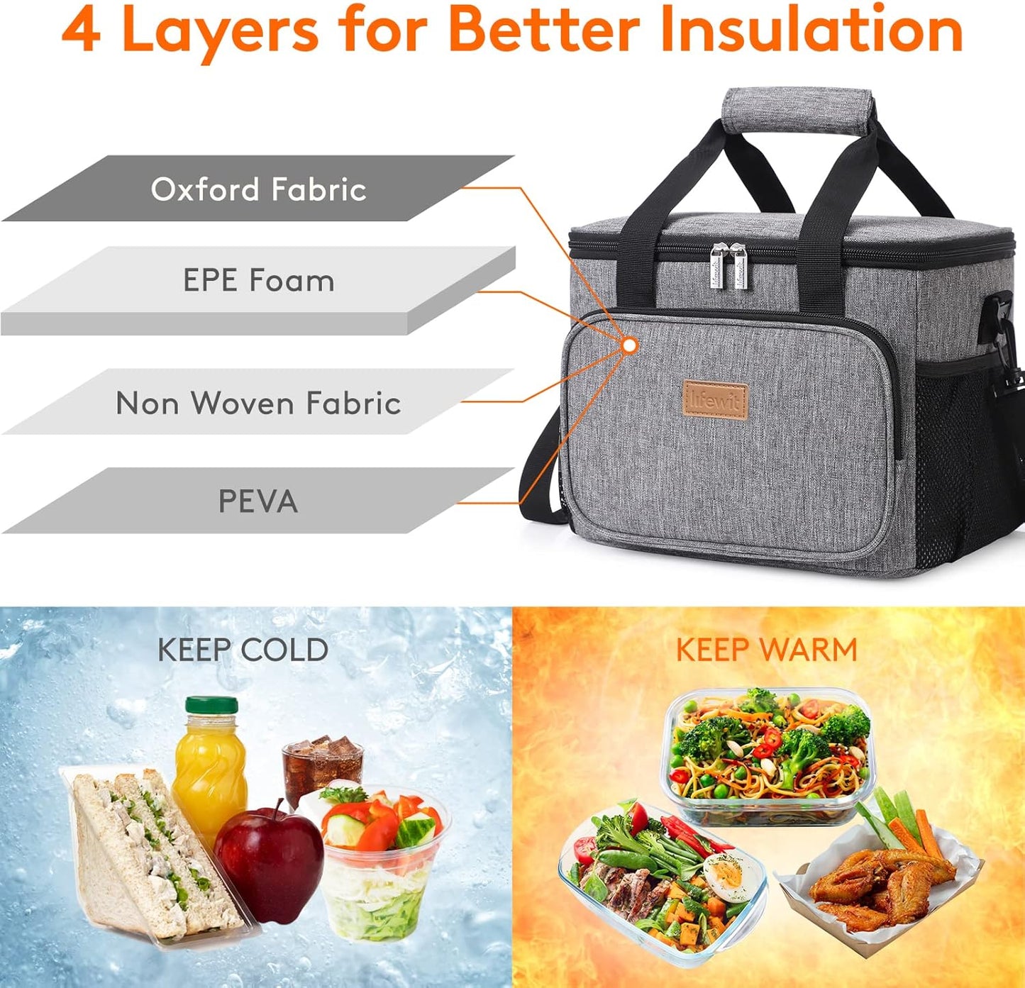 15L (24 Cans) Insulated Lunch Bag, Cooler Bag for Lunch/Work/School/Beach/Picnic (Grey)