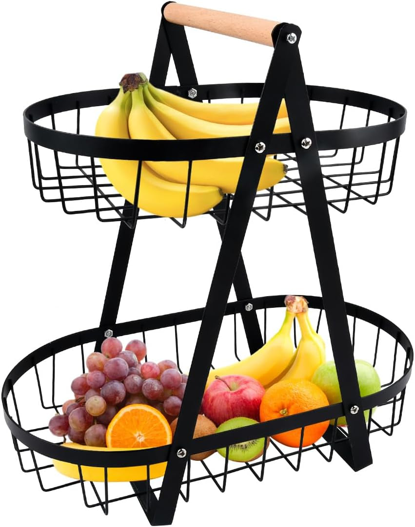 2-Tier Fruit Basket,Fruit Bowl Holder Bread Basket Vegetable Rack, Detachable Fruit Holder for Fruit, Vegetables, Snacks in Home, Kitchen Office,With Screwdriver