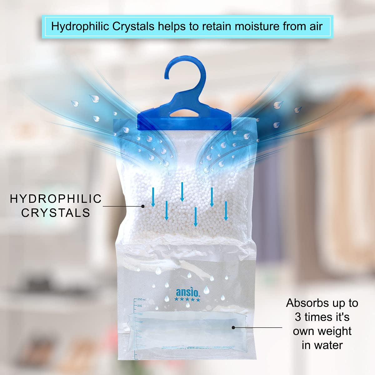 Wardrobe Dehumidifier Hanging Bags Pack of 12 Moisture Absorbers, Trap, Condensation, Dehumidifiers for Damp, Mould, Bedroom, Caravan, Bathroom, Basement, Office – 210G Each