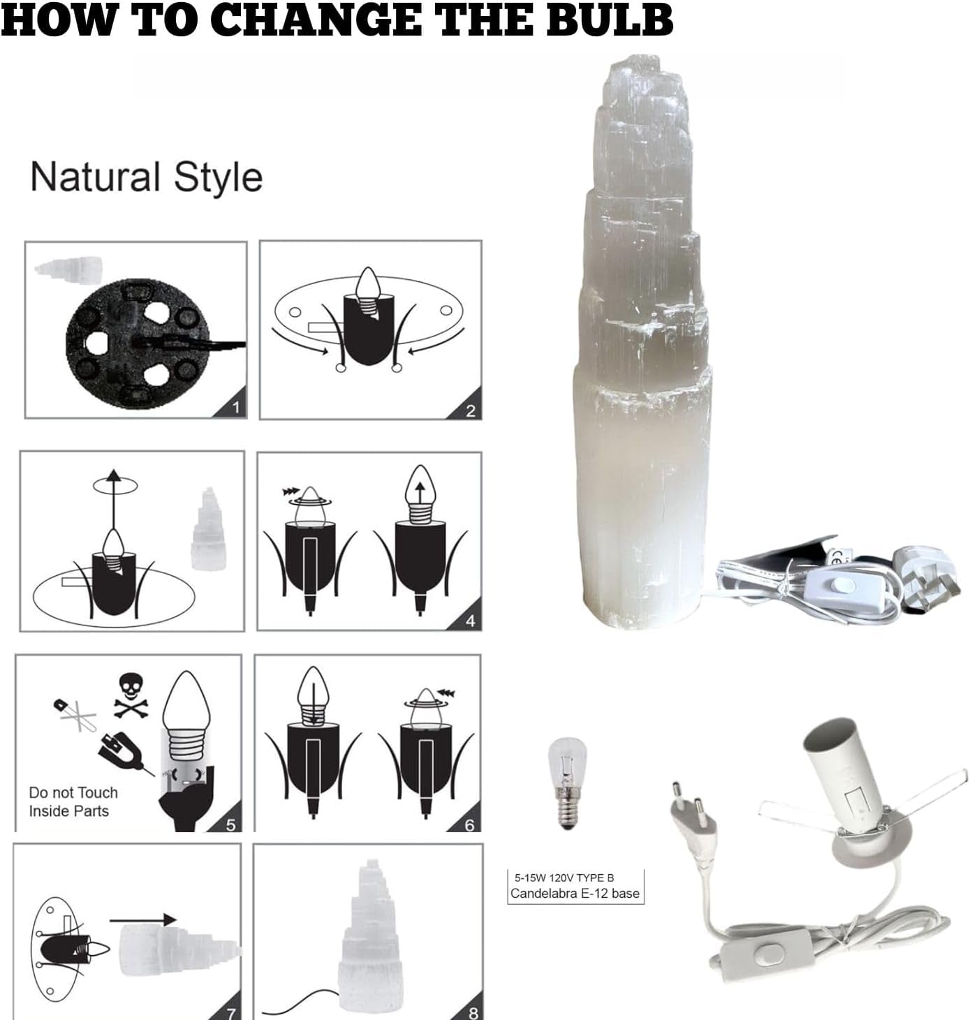 Pure Selenite Crystal Rock USB Mountain Tower LED Lamp Handcrafted Multi-Colour Wooden Base Meditation Healing Energy Mineral Gift Home Decoration Lamp (20Cm)