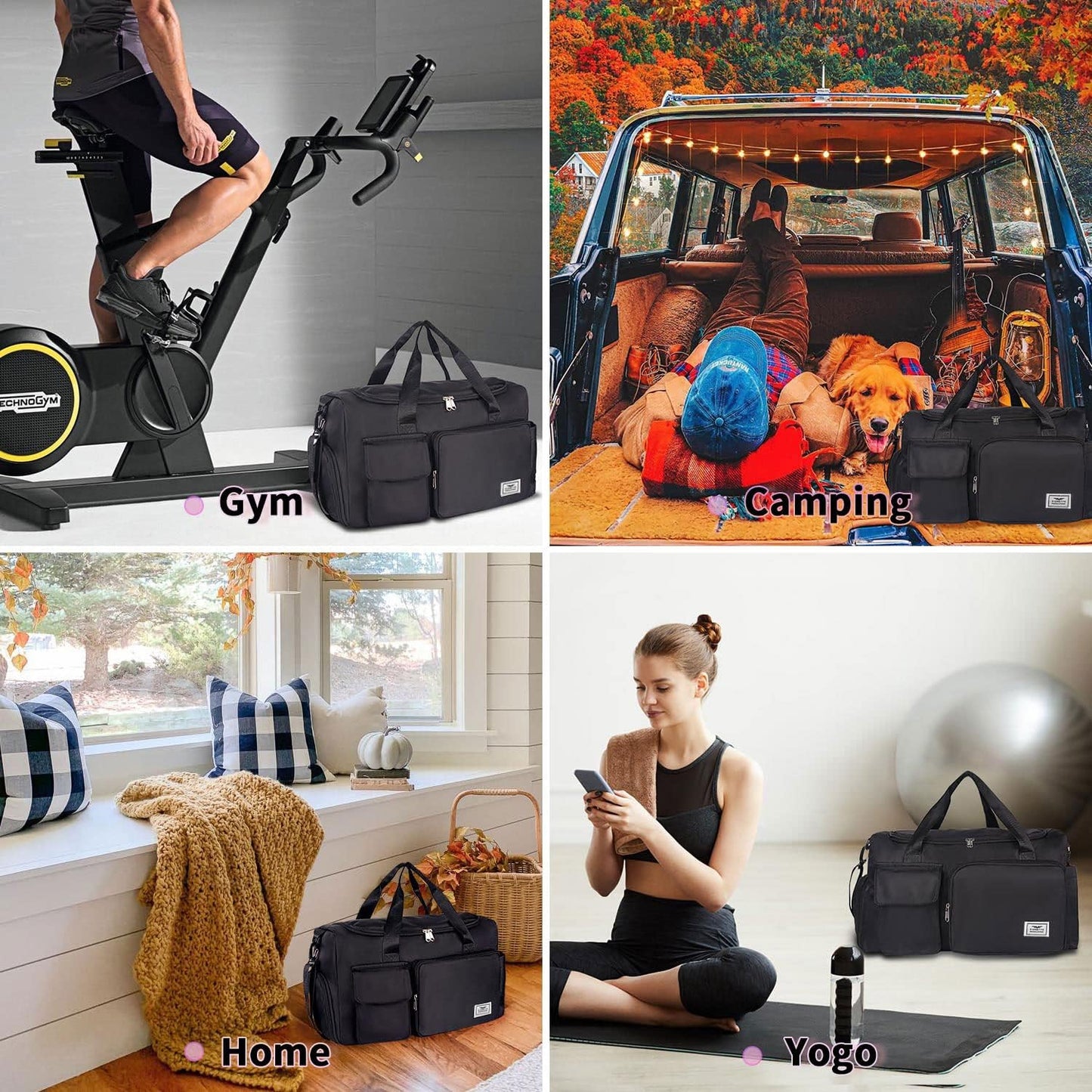 Womens Mens Sports Gym Bag Duffle Bag with Shoes Compartment, Weekend Travel Bag Overnight Bag for Women, Water Resistant Holdall Hospital Bag for Swimming Black