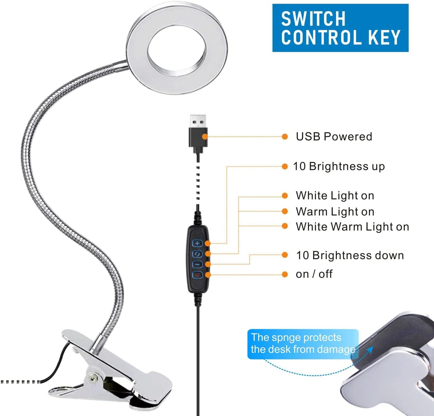 USB LED Desk Lamp Clip on Reading Light, 3 Light Mode 10 Dimmable Brightness Eye Caring Book Light, Bedside Lamp with Flexible Neck, Adjustable Perfect for Studying、Working (Silver)