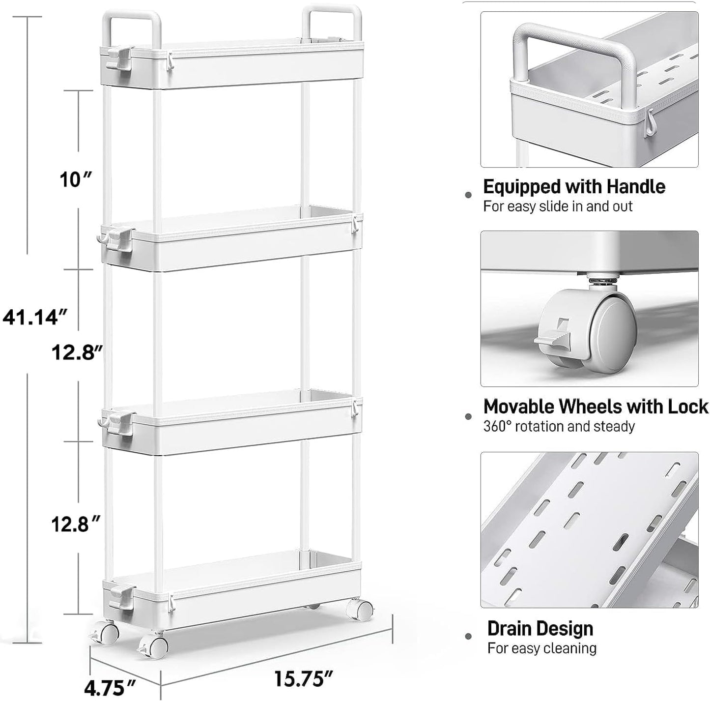 4-Tier Storage Trolley Cart Slide-Out Slim Rolling Utility Cart Mobile Storage Shelving Organizer for Kitchen, Bathroom, Laundry Room, Bedroom, Narrow Places, Plastic, White