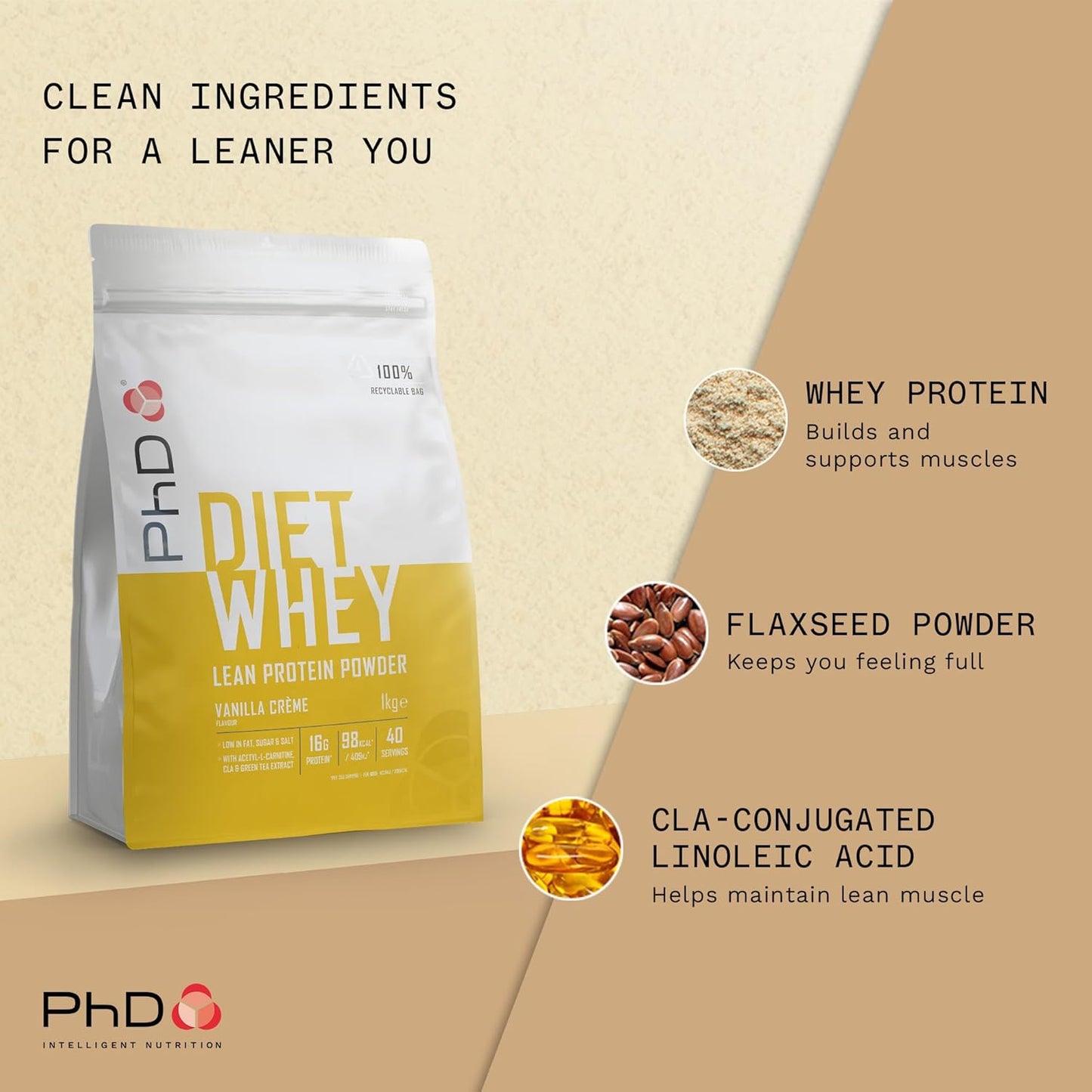 Nutrition Diet Whey High Protein Lean Matrix, Vanilla Crème Whey Protein Powder, 16G of Protein, 40 Servings per 1 Kg Bag