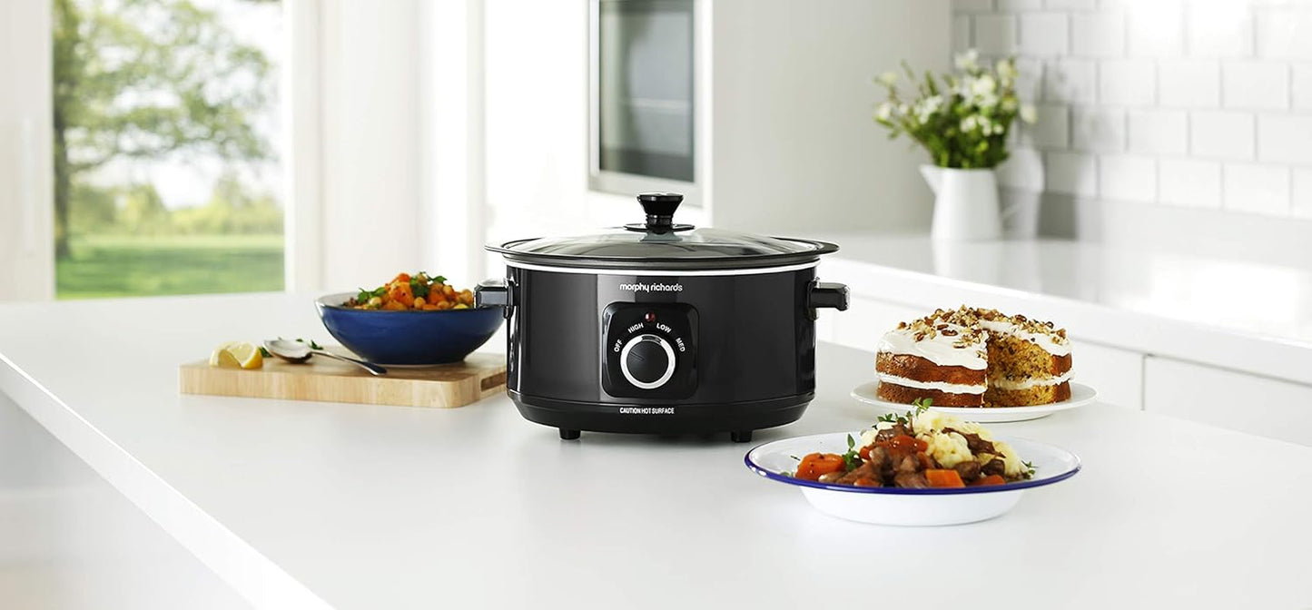3.5L Sear & Stew Slow Cooker, Shatter Resistant Aluminium Pot, 3 Heat Settings, Hob Proof, Easy Clean, 163W, Black, 460012